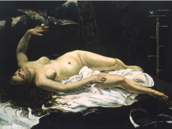 Kathleen Gilje, "Woman with a Parrot (n. Courbet)", Restored, 2001, Öl auf Leinwand,119 x 180 cm Kathleen Gilje, "Woman with a Parrot (n. Courbet)", Restored, 2001, Öl auf Leinwand,119 x 180 cm