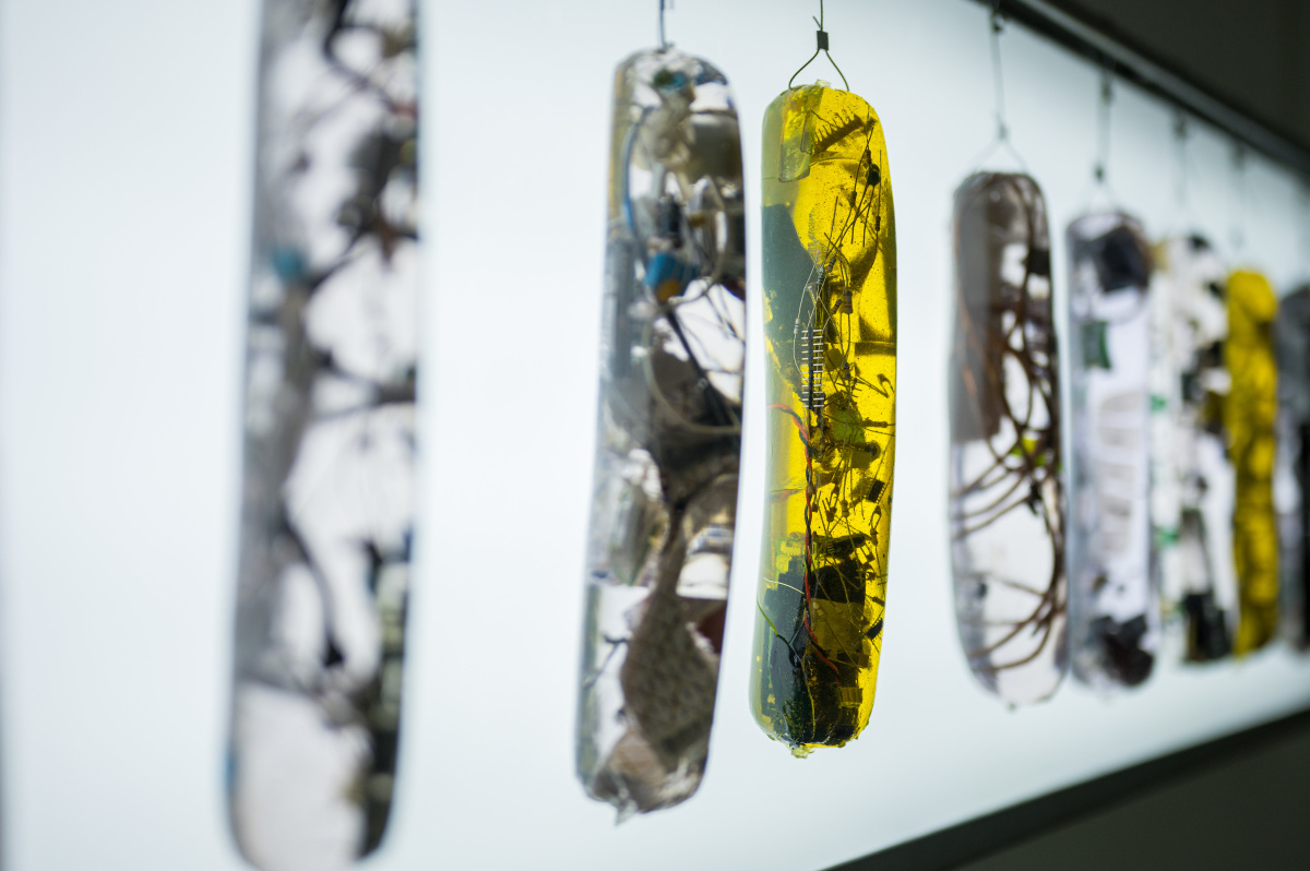Gillian Brett, Smart Food, Detail Ausstellung Stadtgalerie Bockwürste aus Kunstharz mit technologischen Kleinstteilchen