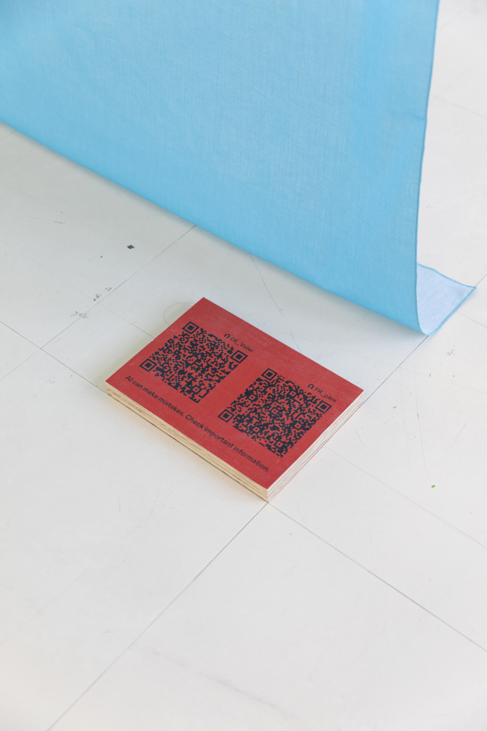 TRANSIT Mark Braun Ausstellungsansicht TRANSIT von Mark Braun, Nahaufnahme zweier QR-Codes auf rotem Untergrund